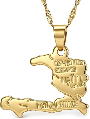 Fusamk Hip Hop Plated 18K Gold Haiti Map Tag Pendant Necklace in Kuwait