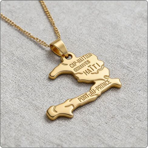 Fusamk Hip Hop Plated 18K Gold Haiti Map Tag Pendant Necklace in Kuwait