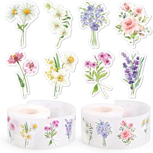 Whaline 1000Pcs Wildflower Stickers Colorful Floral Paper Decals Flower Bouquet Self-Adhesive Waterproof Stickers for Envelope Scrapbook Spring Party Decor, 2 Rolls in Kuwait
