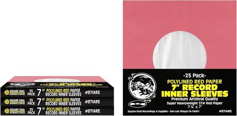 (25) Super Heavyweight Polylined Red Paper Inner Sleeves for 7" Records - Archival Quality, Acid-Free, Static-Free - Premium Protection - 07IARE in Kuwait