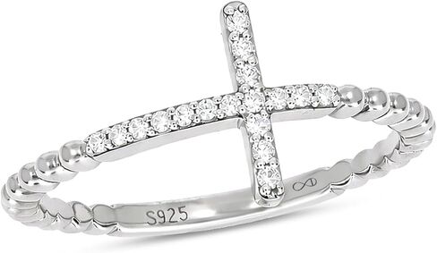 1/10cttw Diamond Cross Ring for Women, Cross Ring with Beaded Style Detail in 18k Yellow Gold-Plate, 18k Rose Gold-Plate or 925 Sterling Silver, Women's Horizontal Cross with Round White Diamonds in Kuwait