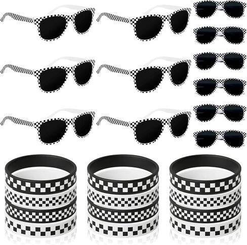 24 PCS Race Car Sunglasses Wristbands for Racing Theme Party Favors Set Race Car Checkered Sunglasses Black and White Checkered Rubber Bracelets for Summer Pool Racing Theme Birthday Gifts Supplies in Kuwait