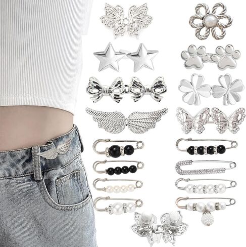 Pant Waist Tightener, 8 Styles Adjustable Silvery Buttons Pins for Loose Jeans Reusable Waist Tightener for Pants Women Metal Butterfly Brooch for Clothing Dresses Skirts in Kuwait