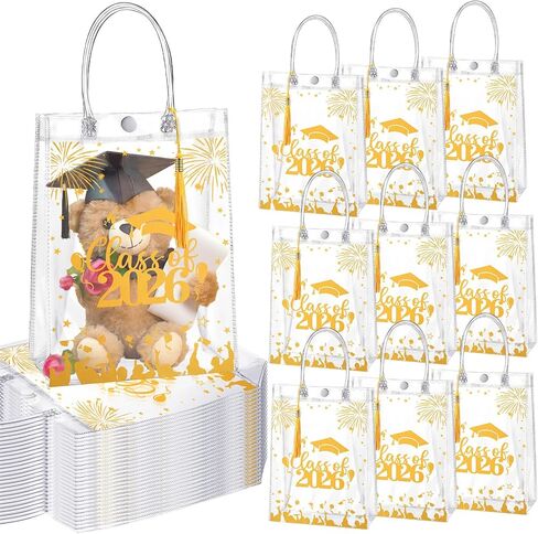 SilTriangle 24 Set Class of 2025 Graduation Gift Bags Clear Graduation Party Favors Gift Bags with Handles Tassel Reusable Large PVC Transparent Bags 7.87'' x 10.24'' x 3.15''(Gold) in Saudi Arabia