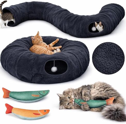 Cat Tunnel Bed for Indoor Cats, Cute Cat Donut Tunnel with Two Fish Toys, Washable Circle Cushion, Round Pet Peekaboo Cave Toy for Kitten/Puppy/Rabbit in Kuwait