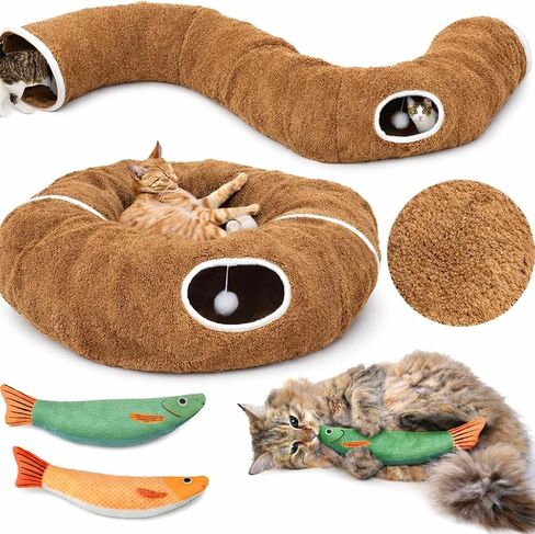 Cat Tunnel Bed for Indoor Cats, Cute Cat Donut Tunnel with Two Fish Toys, Washable Circle Cushion, Round Pet Peekaboo Cave Toy for Kitten/Puppy/Rabbit in Saudi Arabia