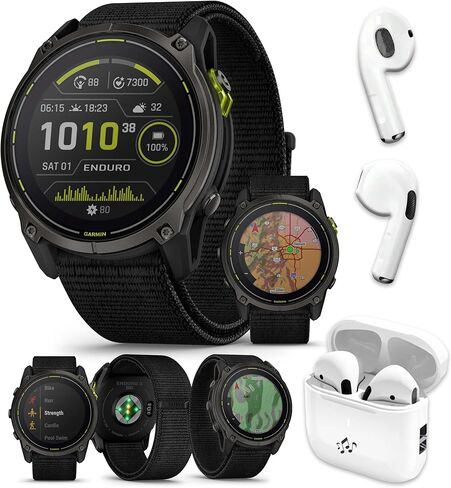 Garmin Enduro 3 Ultraperformance GPS Smartwatch Bundle - Solar Charging, Maps, Built-in LED Flashlight with UltraFit Nylon Band, PlayBetter Portable Charger & HD Screen Protectors in Kuwait