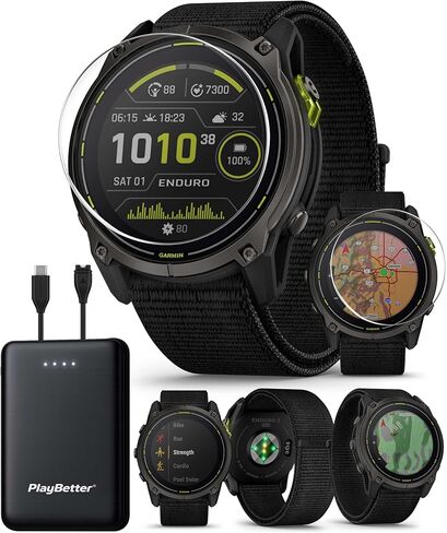 حزمة الساعة الذكية Garmin Enduro 3 فائقة الأداء بنظام تحديد المواقع العالمي (GPS) - شحن بالطاقة الشمسية، خرائط، مصباح يدوي LED مدمج مع شريط نايلون UltraFit، شاحن محمول PlayBetter وحاميات شاشة عالية الدقة in Saudi Arabia