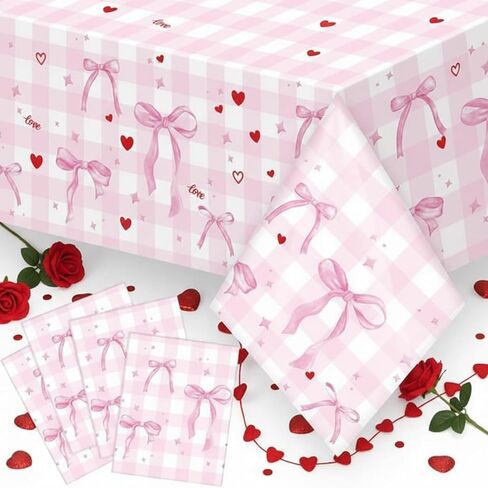 Oudain 4 Pcs Coquette Pink Bow Tablecloth Pink Gingham Tablecloth 87 x 51 in Checkered Bow Table Cloth Disposable Rectangle Waterproof Plaid Plastic Table Covers for Picnic Birthday Party in Kuwait