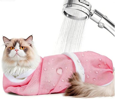 Cat Bag for Bath Adjustable Breathable Mesh Pet Restraint Bag for Bath Nail Trim Medicine and Vet Visits Escape Proof Wash Bag Pink in Kuwait