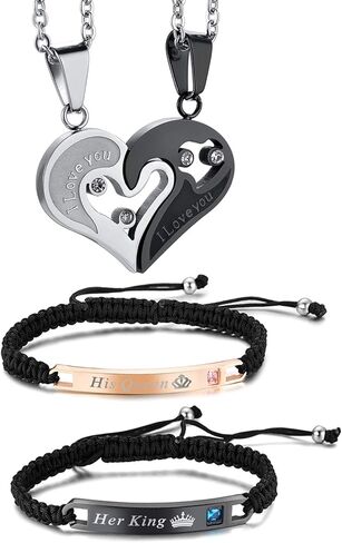 Cupimatch 2 Pairs Couple Matching Necklace Bracelets, Adjustable Stainless Steel I Love You Heart Puzzle Necklace His and Hers Howlite Matte Agate Beads Distance Bracelet in Kuwait