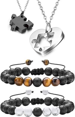 Cupimatch 2 Pairs Couple Matching Necklace Bracelets, Adjustable Stainless Steel I Love You Heart Puzzle Necklace His and Hers Howlite Matte Agate Beads Distance Bracelet in Kuwait