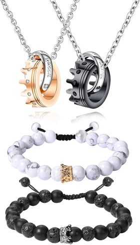 Cupimatch 2 Pairs Couple Matching Necklace Bracelets, Adjustable Stainless Steel I Love You Heart Puzzle Necklace His and Hers Howlite Matte Agate Beads Distance Bracelet in Kuwait