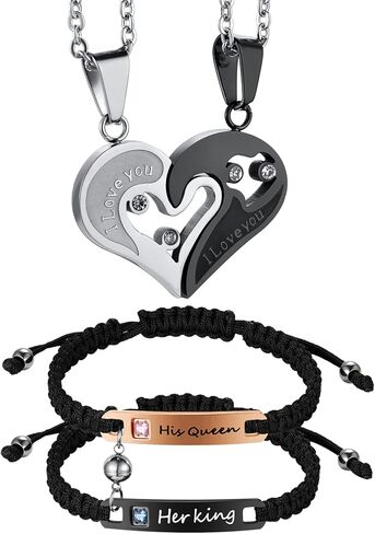 Cupimatch 2 Pairs Couple Matching Necklace Bracelets, Adjustable Stainless Steel I Love You Heart Puzzle Necklace His and Hers Howlite Matte Agate Beads Distance Bracelet in Kuwait