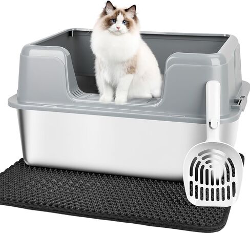 Vivifying Stainless Steel Cat Litter Box, Large Semi-Enclosed Litter Box with Lid, Non-Stick and Anti-Leakage Metal Litter Pan for Easy Cleaning & Odor Control (Gray) in Kuwait