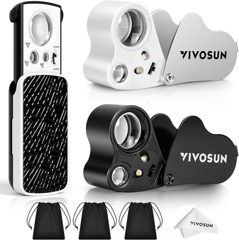 VIVOSUN 3-Pack Jewelry Loupe, 30X/60X/90X Eye Loupe with UV/LED Lights, Foldable Magnifiers for Jewelry, Gems, Watches, Coins, and Stamps in Kuwait