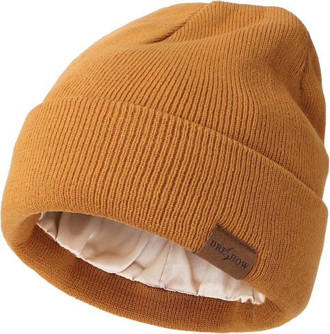 DRESHOW Satin Lined Knit Beanie Hat for Women Men Warm Winter Beanie Hat Silk Lined Caps Cuffed Hat Soft Unisex Skull Cap in Kuwait