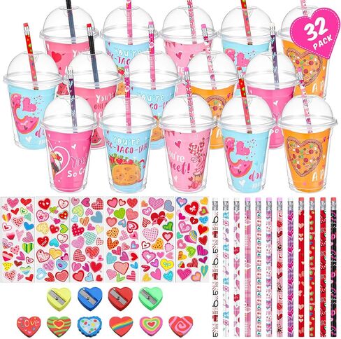 Pasimy 32 Pack Valentines Day Gifts for Kids Classroom School Assorted Valentine's Day Stationery Set with Cup Card Pencil Eraser Sticker Valentines Kids Party Favors Gift Exchange Prize Boy and Girl in Saudi Arabia