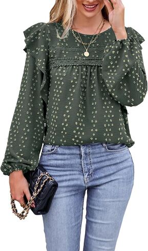 Women's Long Sleeve Blouse Loose Casual Crewneck Shirts Boho Floral Swiss Dot Ruffle Tops 2023 Fall Dressy Tunic in Kuwait
