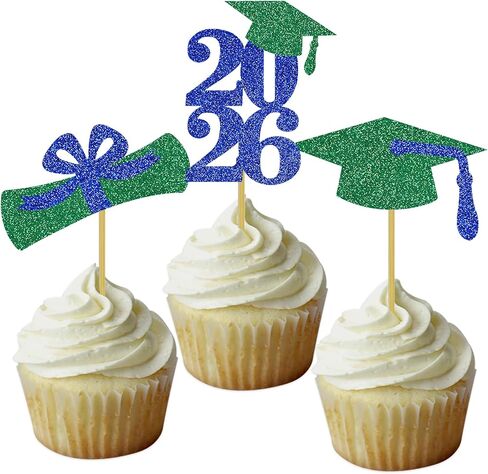 Graduation Cupcake Toppers Grad Party Decoration Food Picks Congrats Glitter Diploma Cap School Colors Supplies 24 PCS Purple Gold in Kuwait