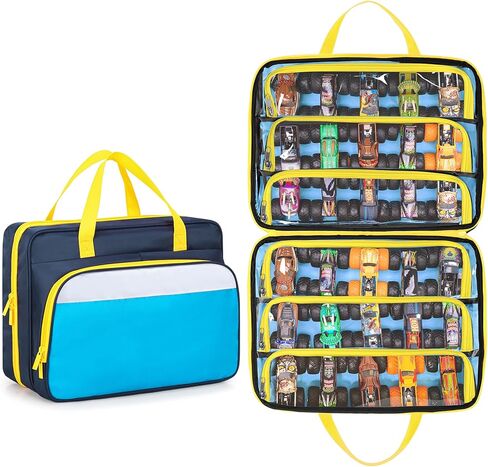 CURMIO Carrying Case Compatible with Monster Jam Trucks, Portable 1:64 Scale Monster Truck Bag Holding 34 Toy Cars for Collectors, Dark Blue, Bag Only in Kuwait