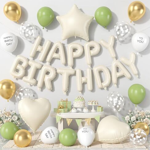 Dusty Blue Birthday Decorations for Men Women Kids,White Sand Cream Happy Birthday Banner Balloons Heart Star Foil Clear White Polka Dot Balloons for Birthday Baby Shower Party Decorations in Kuwait