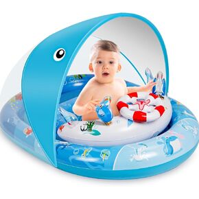 Baby Pool Float with Canopy，Baby Swim Float with UPF50+ Sun Protection Canopy and Toy Play Console，Inflatable Baby Float & Swimming Float with Adjustable Safety Seat for 3-36 Months in Kuwait