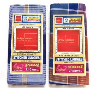 Lungi القطن الممتاز ، Handloom Chennai التقليدية ، 2.10 متر ، خطوط زرقاء وأرجواني ، حزمة 2 in Kuwait