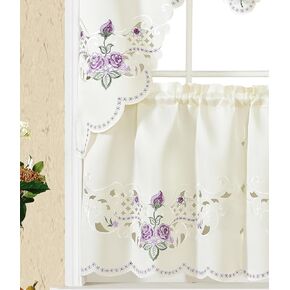 GOHD Rose Fragrance 3pcs Multi-Color Embroidery Curtain with cutworks, Swag Valance and Tiers Set,Satin Fabric,Multi-Color Kitchen Cafe Curtain Set(Blue) in Kuwait