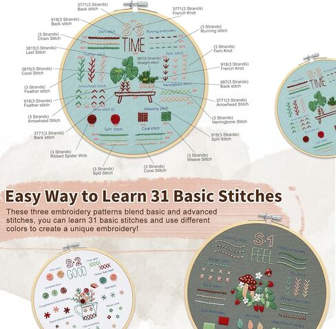 KintKita Embroidery Kit for Beginners Adults 4 Sets, Easy Leaning 33 Basic Embroidery Cross Stitch Practice Kits for Adults,Includes Embroidery Patterns, Hoop, Color Threads,Tools in Kuwait