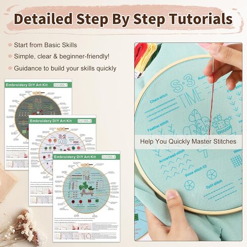 KintKita Embroidery Kit for Beginners Adults 4 Sets, Easy Leaning 33 Basic Embroidery Cross Stitch Practice Kits for Adults,Includes Embroidery Patterns, Hoop, Color Threads,Tools in Kuwait