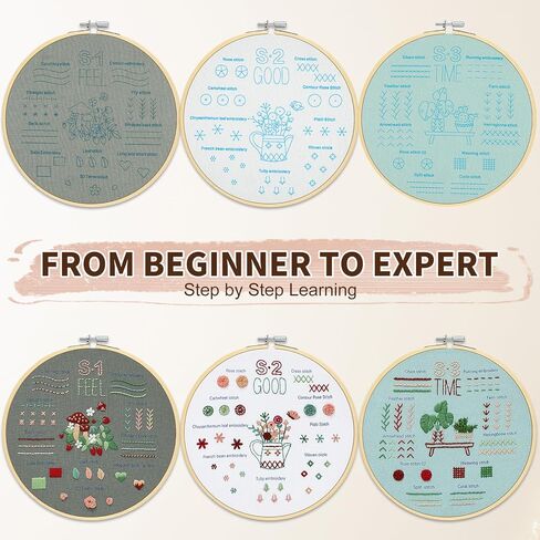 KintKita Embroidery Kit for Beginners Adults 4 Sets, Easy Leaning 33 Basic Embroidery Cross Stitch Practice Kits for Adults,Includes Embroidery Patterns, Hoop, Color Threads,Tools in Kuwait