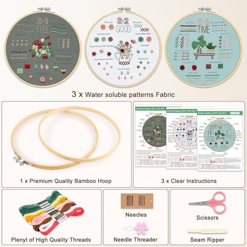 KintKita Embroidery Kit for Beginners Adults 4 Sets, Easy Leaning 33 Basic Embroidery Cross Stitch Practice Kits for Adults,Includes Embroidery Patterns, Hoop, Color Threads,Tools in Kuwait