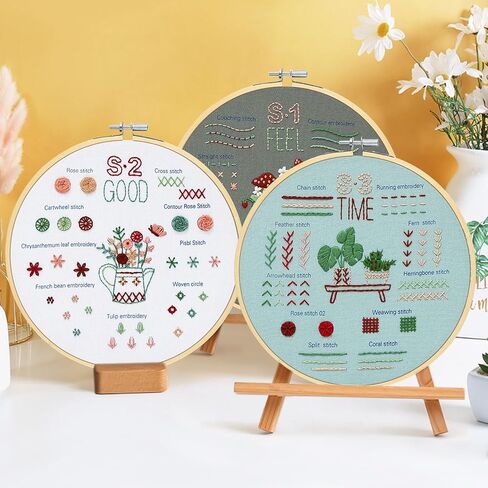 KintKita Embroidery Kit for Beginners Adults 4 Sets, Easy Leaning 33 Basic Embroidery Cross Stitch Practice Kits for Adults,Includes Embroidery Patterns, Hoop, Color Threads,Tools in Kuwait