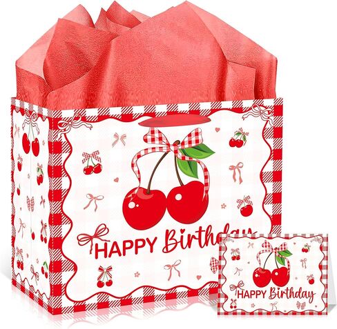 EoBeCy Happy Birthday Gift Bag: Pink Conquette Bow Wrapping Bags With Handles, Tissue Paper and Greeting Card - Large for Girls Women Party Favors Supplies in Saudi Arabia