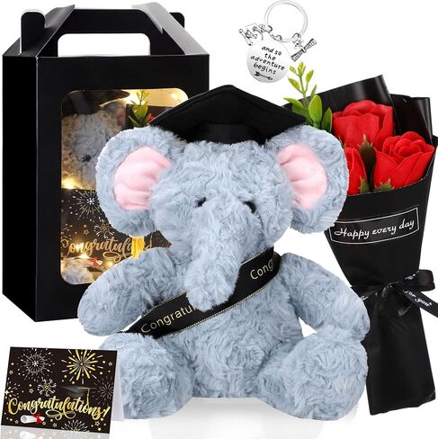 Vinsot Graduation Gifts Set Include Plush Panda, Artificial Soap Flower, Graduation Card, Graduation Keychain, LED Light String and Gift Box with Window Graduation Gift for Friends (Black and Yellow) in Saudi Arabia