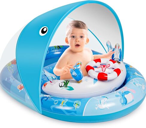 Baby Pool Float with Canopy，Baby Swim Float with UPF50+ Sun Protection Canopy and Toy Play Console，Inflatable Baby Float & Swimming Float with Adjustable Safety Seat for 3-36 Months in Kuwait