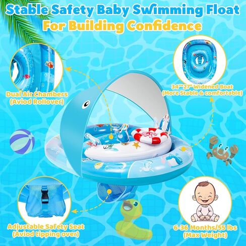 Baby Pool Float with Canopy，Baby Swim Float with UPF50+ Sun Protection Canopy and Toy Play Console，Inflatable Baby Float & Swimming Float with Adjustable Safety Seat for 3-36 Months in Kuwait