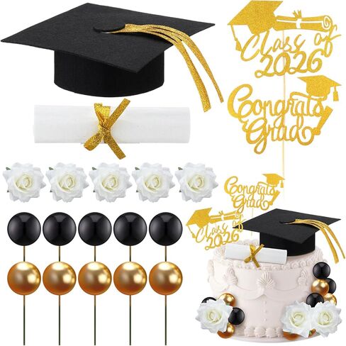 Maxdot 29 PCS Cake Cake Toppers Kit شملت Grad Cap Diploma Balls Flowers Congrons in Kuwait