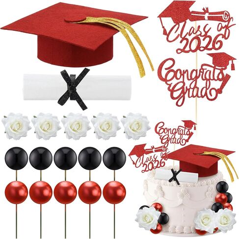 Maxdot 29 Pcs Graduation Cake Toppers Kit Included Grad Cap Diploma Balls Flowers Congrats Grad Cake Decorations for 2025 High School College Senior Graduation Party in Saudi Arabia