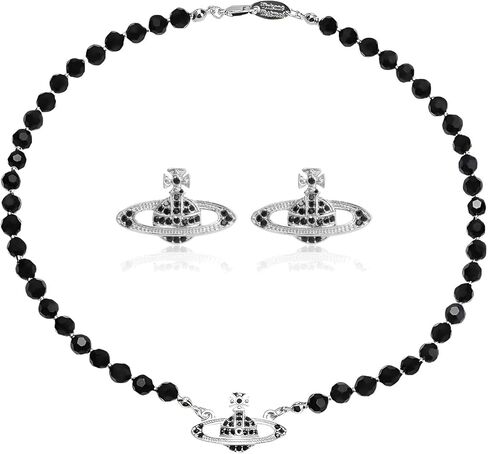 Dreuyet Saturn Pearl Necklace and Earrings Set Crystal Planet Earrings Dainty Artificial Pearl Choker Necklace Charm Gifts for Mum Wife Girlfriend Wedding Birthday Anniversary (Silver Planet set) in Kuwait