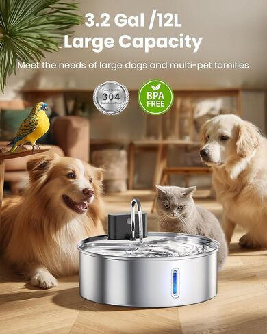 Wireless Cat Water Fountain with Sensor Operated 108oz 3.2L Stainless Steel Water Fountain Quiet BPA-Free Automatic Cat for Drinking, Easy Clean for Cats Dogs Pets in Kuwait