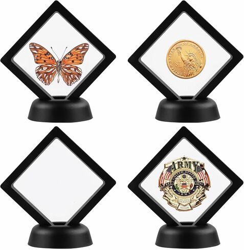 4Pcs 3D Floating Frame Display Holder Stands, Black Coins Display Frame for Ring Necklace Bracelet Earring Military Coin Challenge Coin, 4.33x4.33 inch in Kuwait