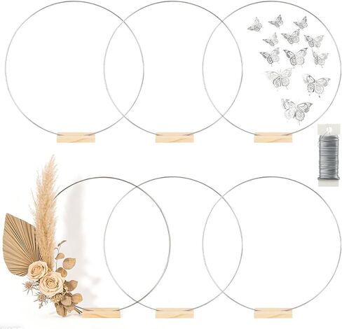 6 Pack Floral Hoop with Stand and 38-Yard Paddle Wire 20 Inch Metal Rings for DIY Centerpiece Table Decorations Crafts Macrame Rings Hoop Wreath Dream Catcher Rings Wedding Christmas Wreaths, Silver in Kuwait
