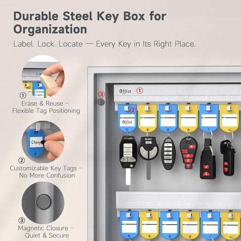 WeHere 40 Key Box Wall Mount, Metal Locking Key Cabinet Organizer with Key Tags Key Safe Security Storage Lockbox Holder for Valets, Hotels, Car and House Keys, Key Keeper Box in Kuwait