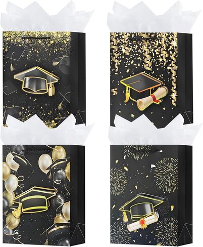 Ofihanly 4pcs 9 "حقيبة هدايا صغيرة الحجم مع مقابض أسود وذهبي تهانينا الأكياس الأكياس مع ورقة الأنسجة لكلية 2025 ، المدرسة الثانوية ، روضة الأطفال ، مدرسة التمريض in Saudi Arabia