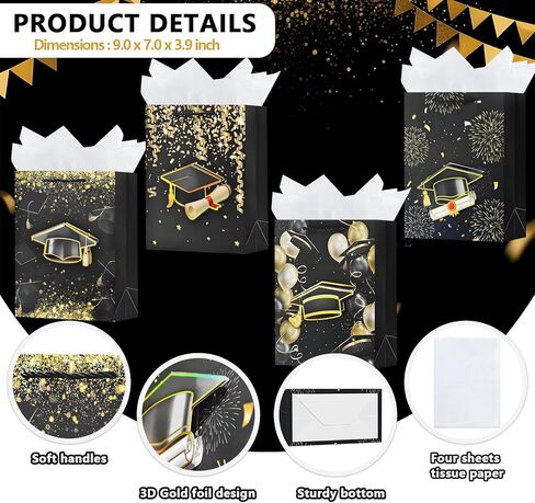 Ofihanly 4pcs 9 "حقيبة هدايا صغيرة الحجم مع مقابض أسود وذهبي تهانينا الأكياس الأكياس مع ورقة الأنسجة لكلية 2025 ، المدرسة الثانوية ، روضة الأطفال ، مدرسة التمريض in Saudi Arabia