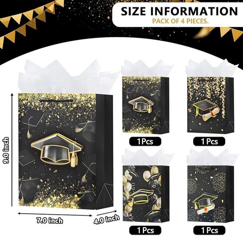 Ofihanly 4pcs 9 "حقيبة هدايا صغيرة الحجم مع مقابض أسود وذهبي تهانينا الأكياس الأكياس مع ورقة الأنسجة لكلية 2025 ، المدرسة الثانوية ، روضة الأطفال ، مدرسة التمريض in Saudi Arabia