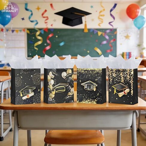 Ofihanly 4pcs 9 "حقيبة هدايا صغيرة الحجم مع مقابض أسود وذهبي تهانينا الأكياس الأكياس مع ورقة الأنسجة لكلية 2025 ، المدرسة الثانوية ، روضة الأطفال ، مدرسة التمريض in Saudi Arabia