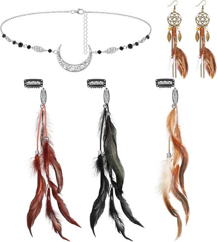 5 Pack Feather Hair Clips Boho Head Moon Chain Crystal Vintage Forehead Jewelry Witch Headpiece Hippie Comb with Long Tassel Feather Earrings Costume for Party Halloween Women (Mixed Color) in Saudi Arabia